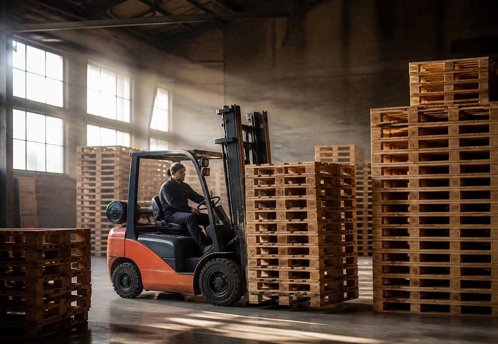Pallets stacked and handled inside a distribution warehouse