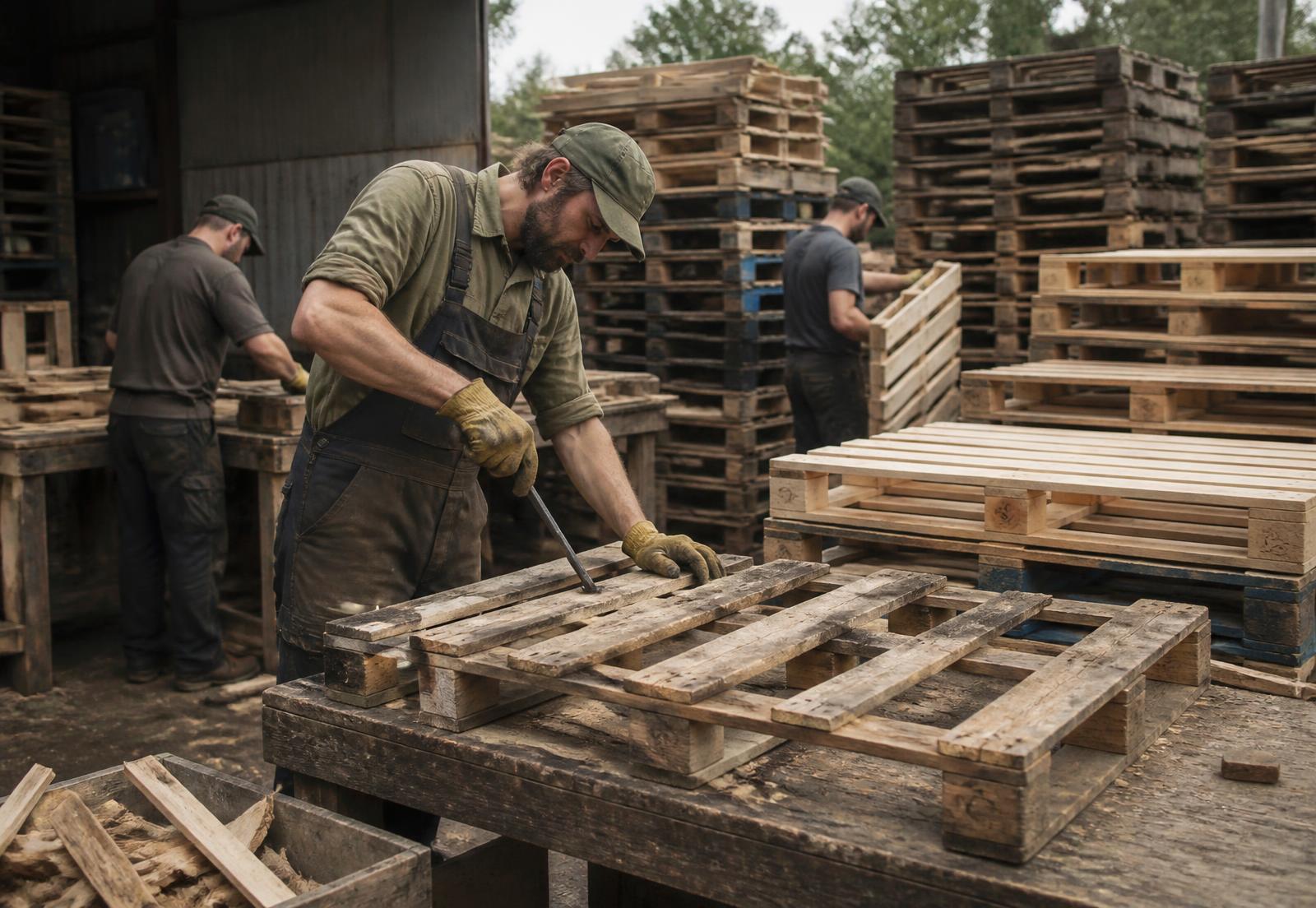 Operatives grading and repairing reclaimed timber pallets in a yard