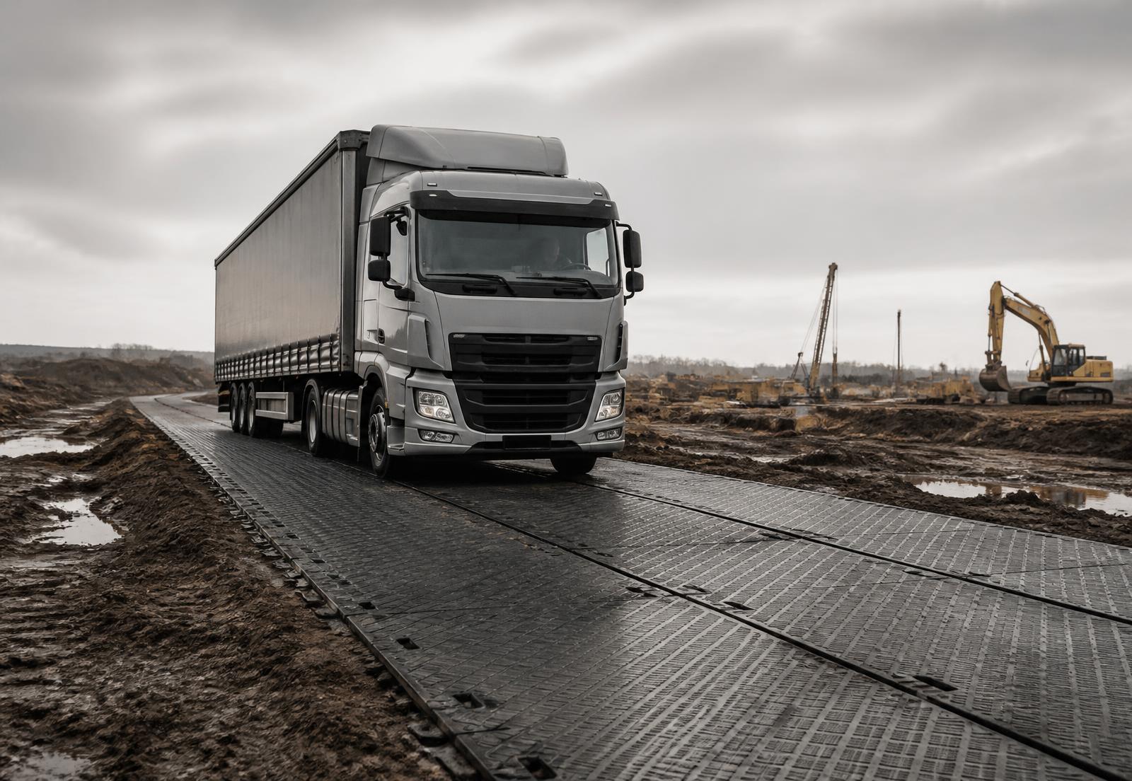 Articulated lorry driving along a temporary roadway of ground protection mats across muddy ground